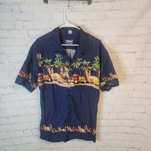 Men's Palmwave Blue Hawaiian Shirt with Tropical Design, Size Large